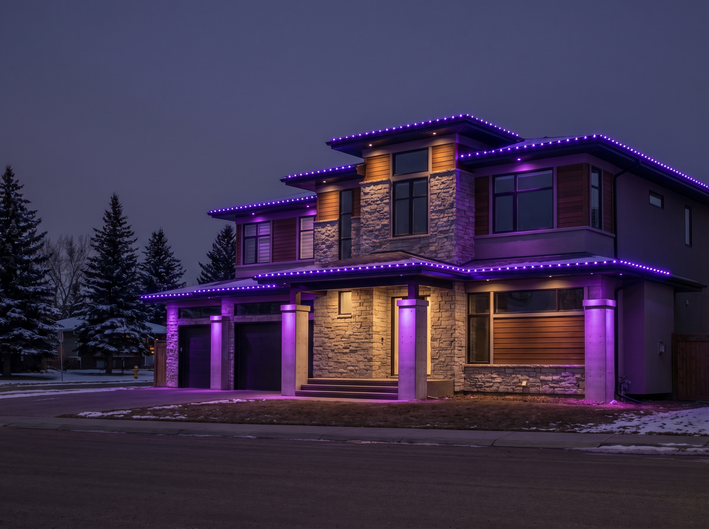 A modern Alberta home with permanent LEDs glowing in royal purple as architectural accent lighting