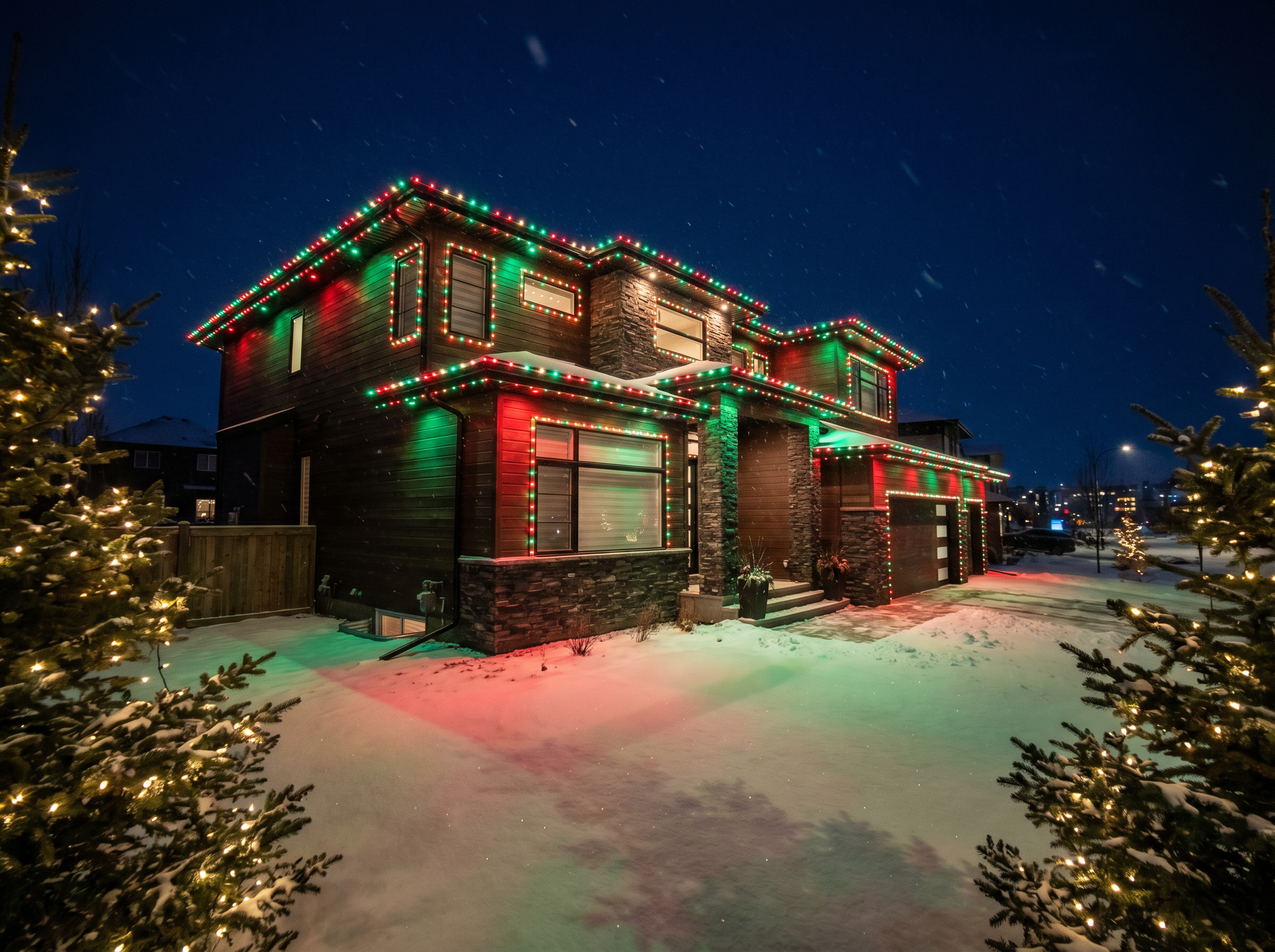 A modern Edmonton home lit in alternating red and green Gemstone permanent lights at Christmas